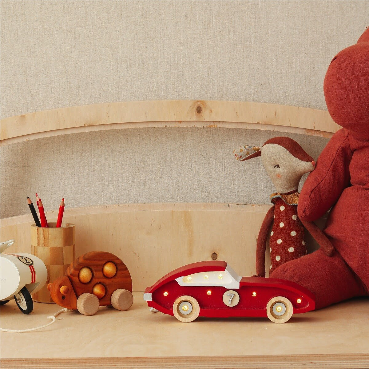 Wooden Mini Red Race Car Lamp