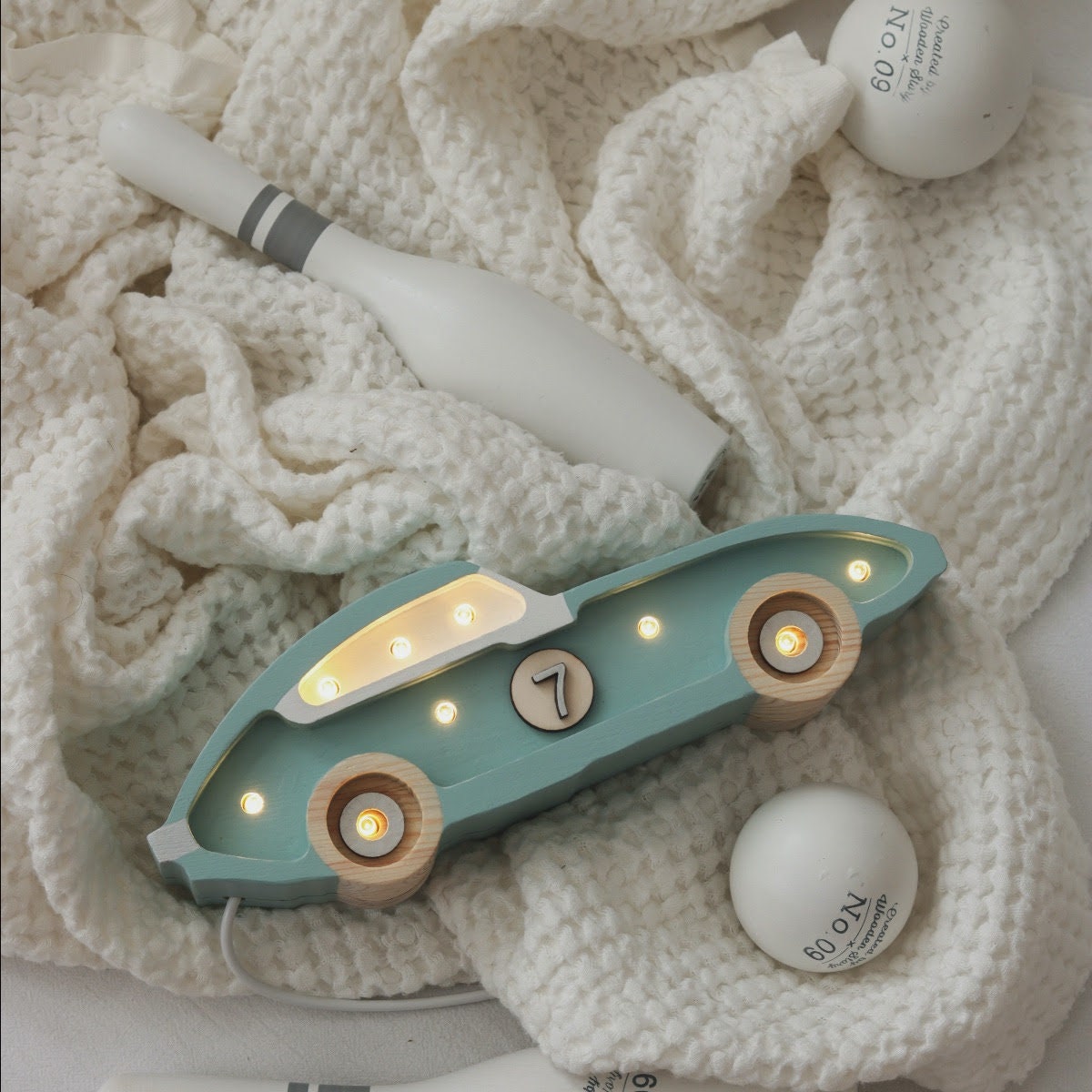 Wooden Mini Mint Race Car Lamp